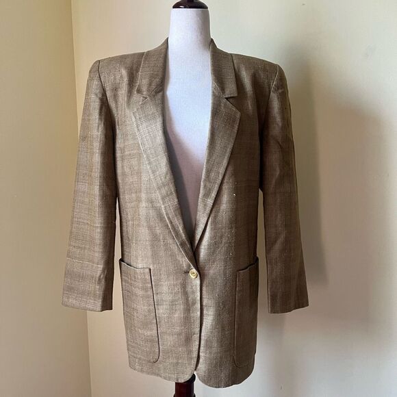 Vintage Linda Allard for Ellen Tracy 100% Silk Blazer Size 4 Tan Neutral - Picture 1 of 10